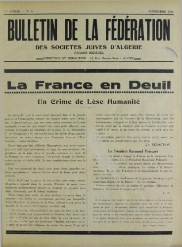 Bulletin de la Fédération des sociétés juives d’Algérie  V°01 N°06 (01/11/1934)